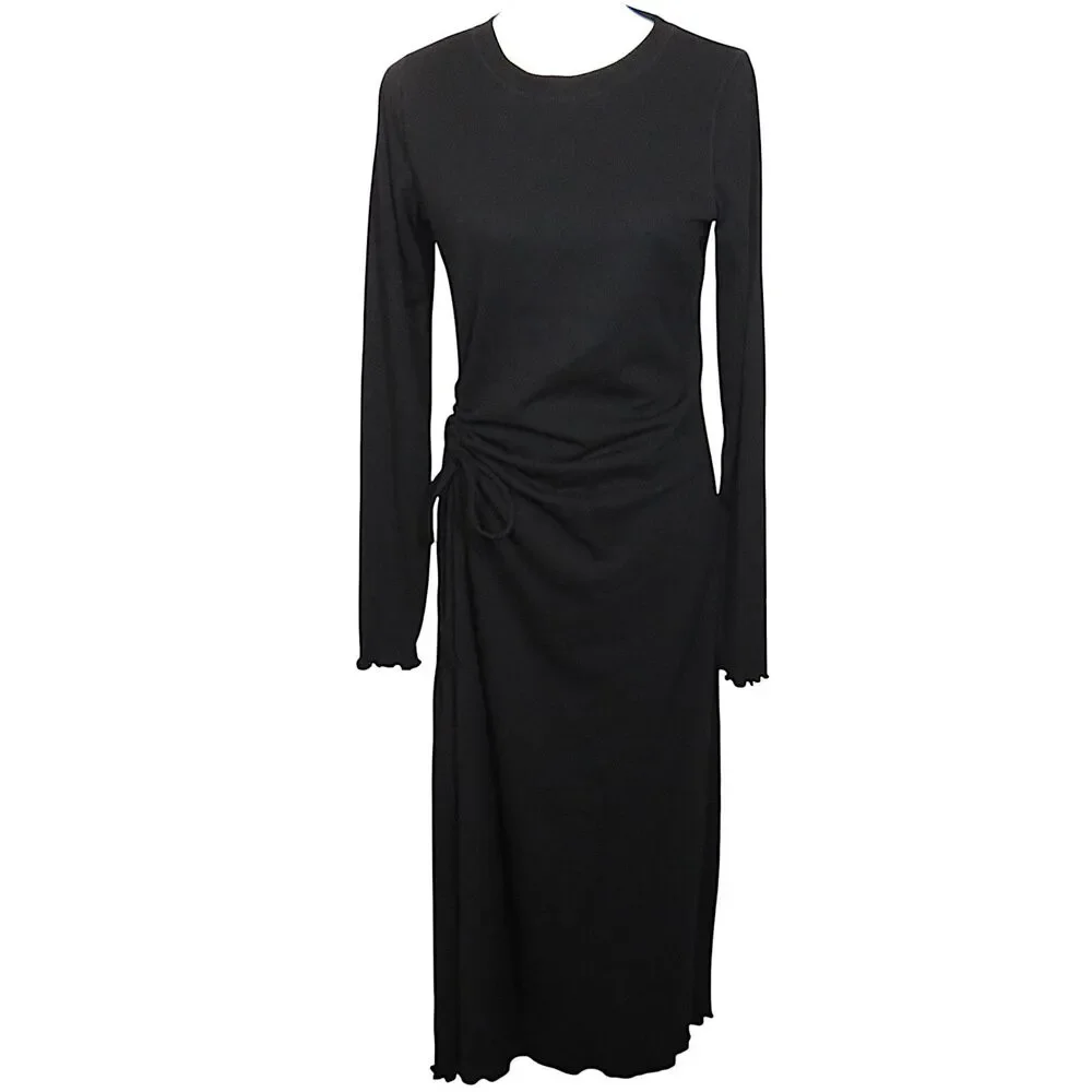 Halara Black Ribbed Long Sleeve Side Ruched Lettuce Hem Maxi Dress Size Medium